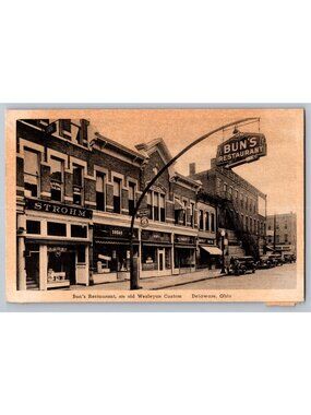 Bun's Restaurant Delaware Ohio OH Street View Albertype Postcard Vintage